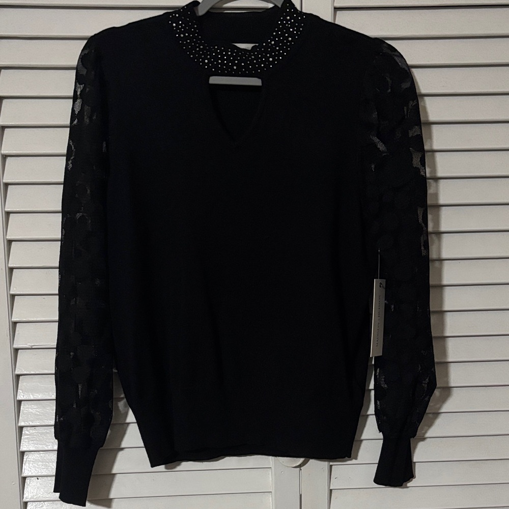 Beautiful Black Sweater with Lace and Rhinestone Detail